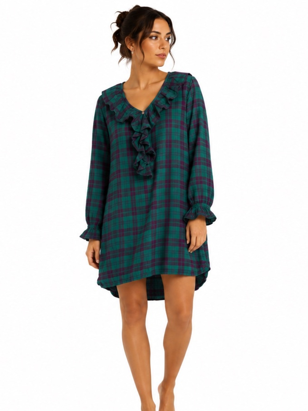 Vintage Dreamy Details Plaid Ruffle Cotton Nightgown 2XL Green Purple